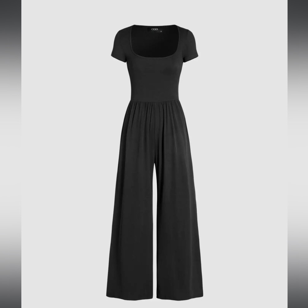 CIDER SCOOP NECK SHORT SLEEVE WIDE LEG RIBBED JUMPSUIT SZ M BLACK W/ POCKETS